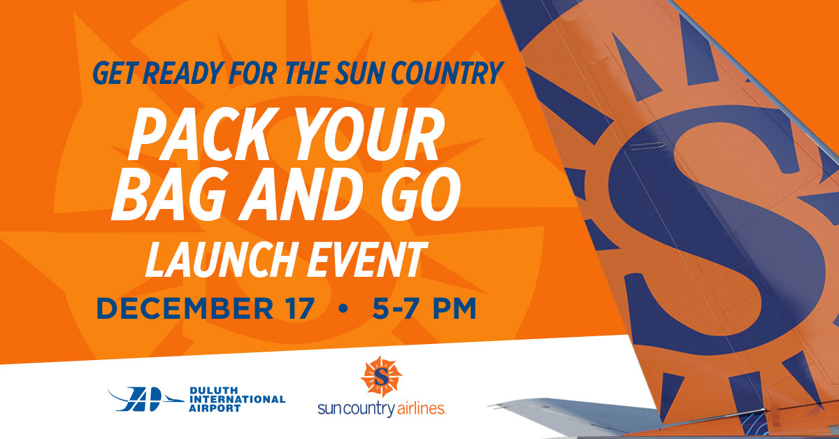 Orange, white and blue flyer saying, Pack your bag and go launch event. With the tail of the Sun Country plane.